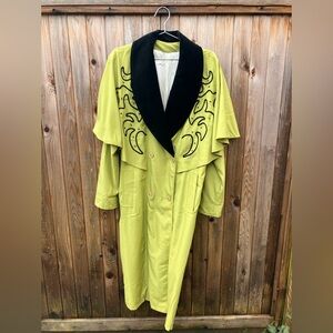 Vintage 1980 Green Trench Chartreuse Coat with Black Accents Medium Large